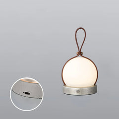 Modern round table lamp with brown handle, touch switch, and USB charging port by YH Lamps.