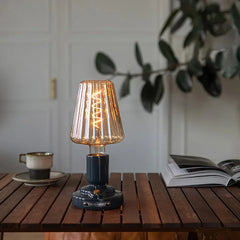 Modern black USB table lamp with built-in battery on wooden table, YH Lamps home lighting