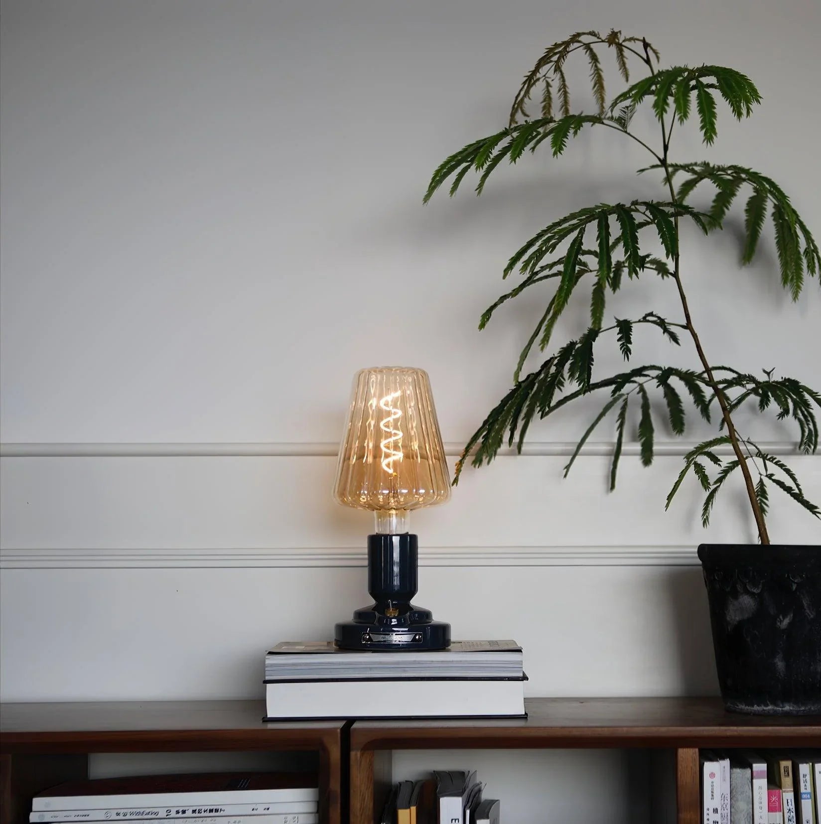 Modern black table lamp with ribbed amber shade on books, plant nearby, YH Lamps home decor