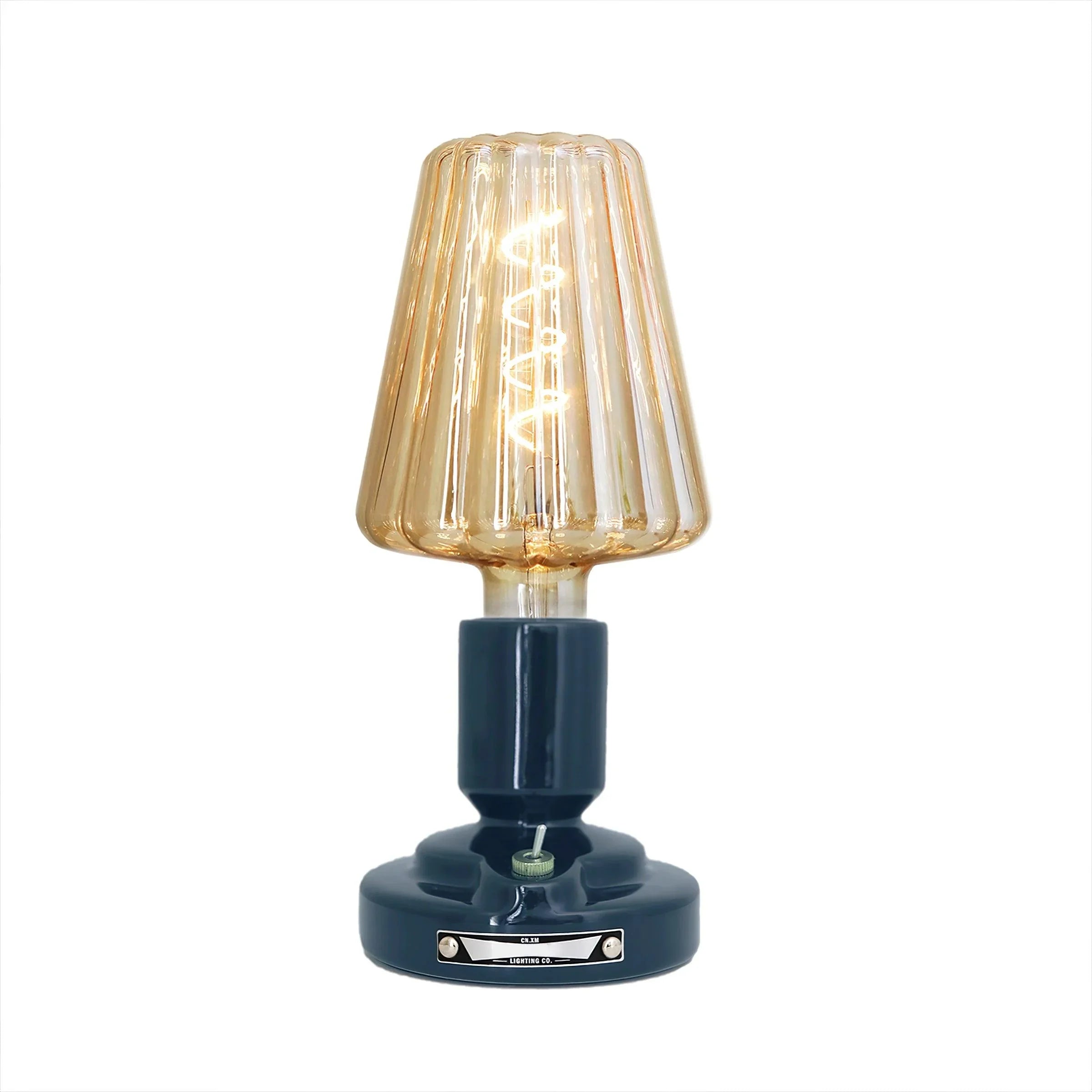 Modern black USB table lamp with ribbed amber glass shade, built-in battery, YH Lamps