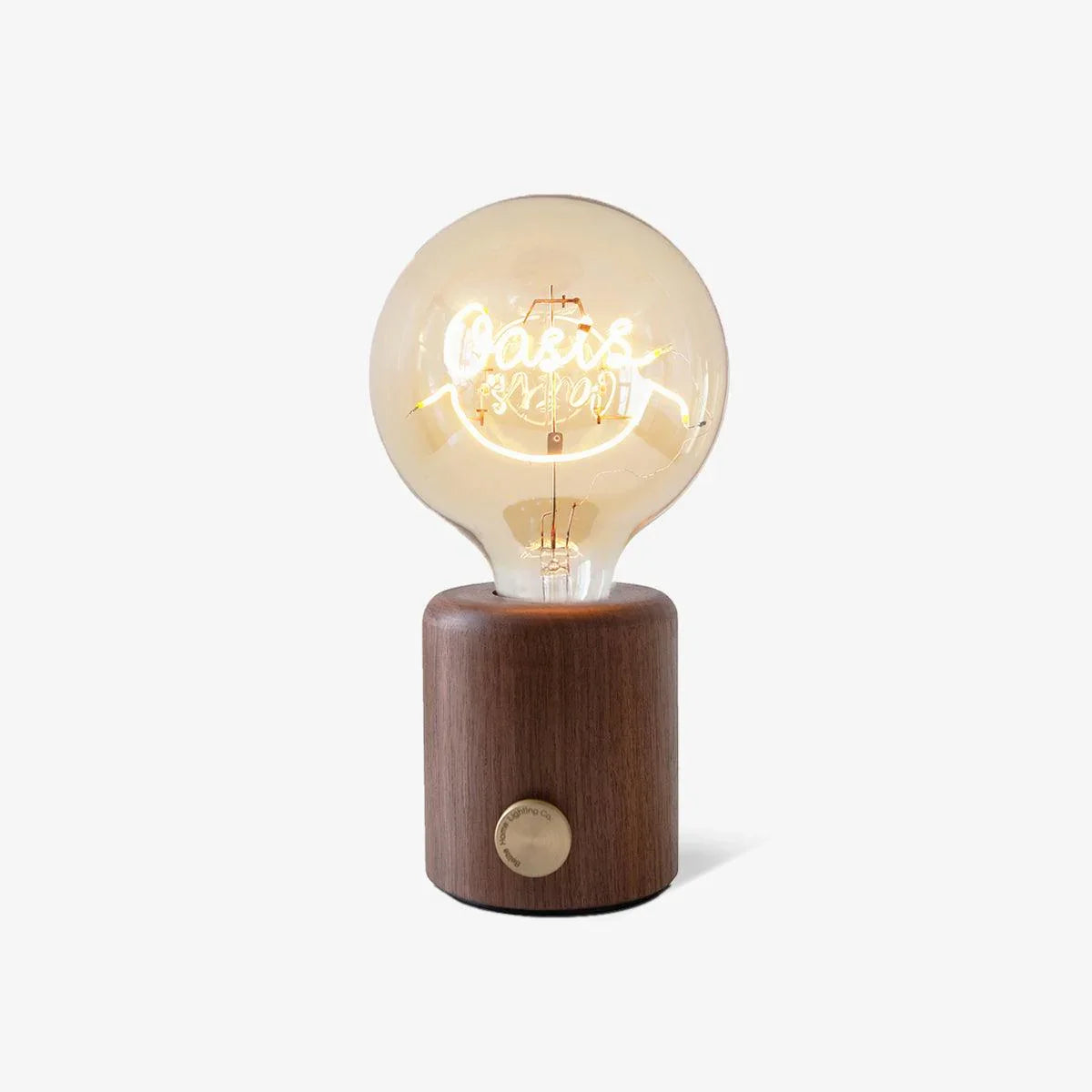 Modern walnut table lamp with round glass bulb and glowing filament, YH Lamps product