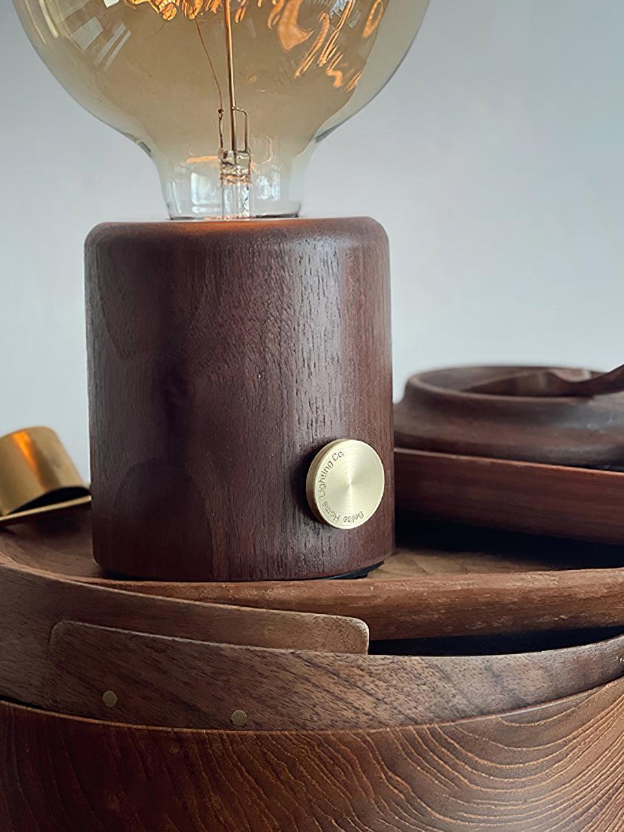 Modern table lamp with walnut wood base and exposed bulb, YH Lamps home lighting design