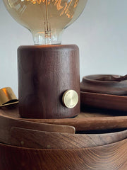 Modern table lamp with walnut wood base and exposed bulb, YH Lamps home lighting design