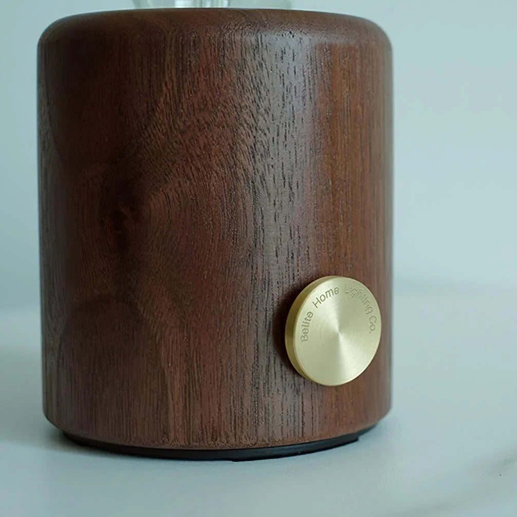 YH Lamps walnut table lamp base with brass knob, modern home lighting detail