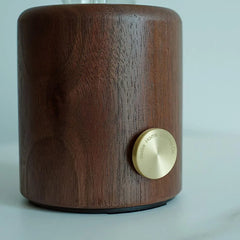 YH Lamps walnut table lamp base with brass knob, modern home lighting detail