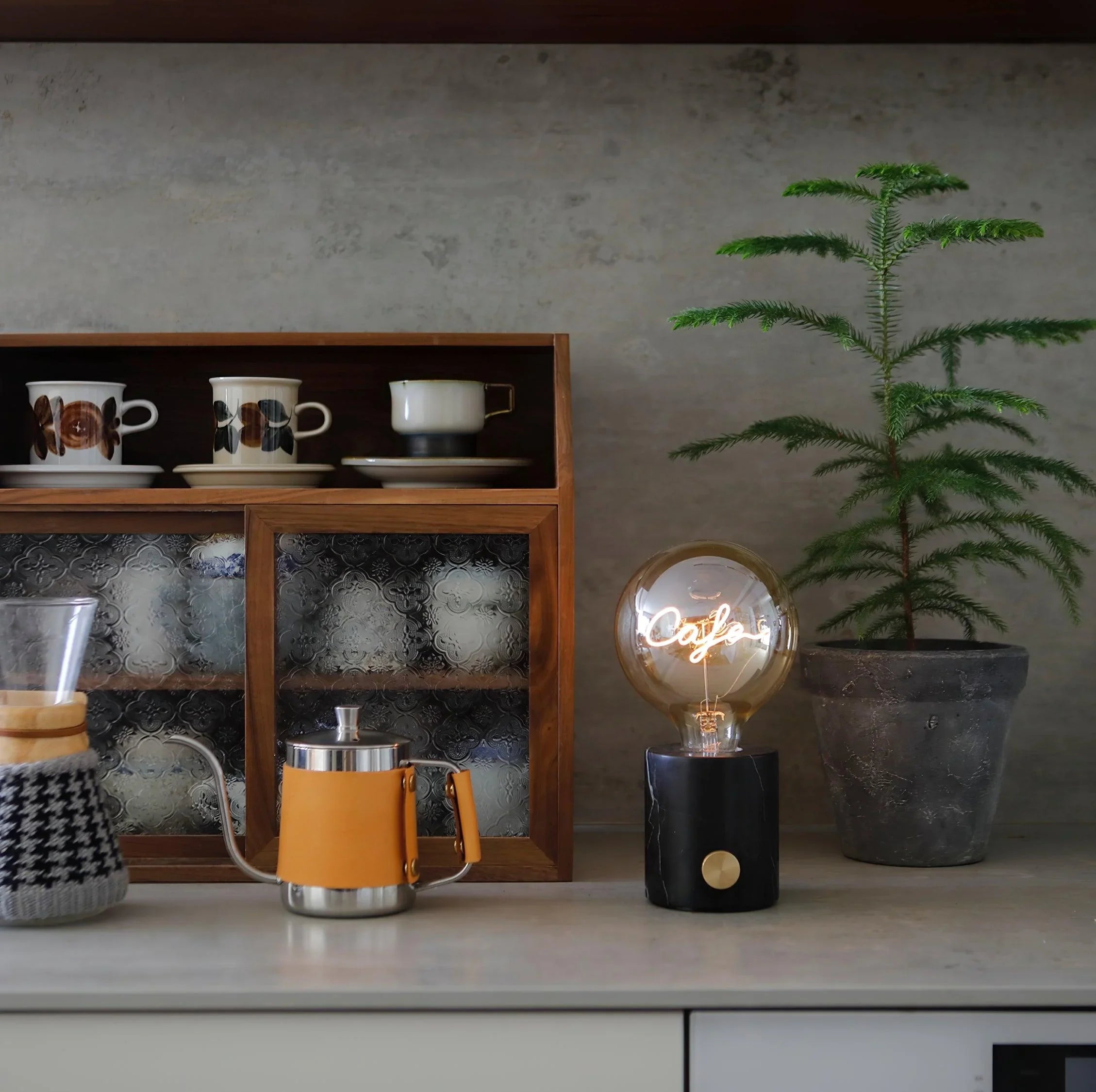 Modern walnut and glass table lamp with USB, built-in battery on kitchen counter, YH Lamps