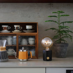 Modern walnut and glass table lamp with USB, built-in battery on kitchen counter, YH Lamps