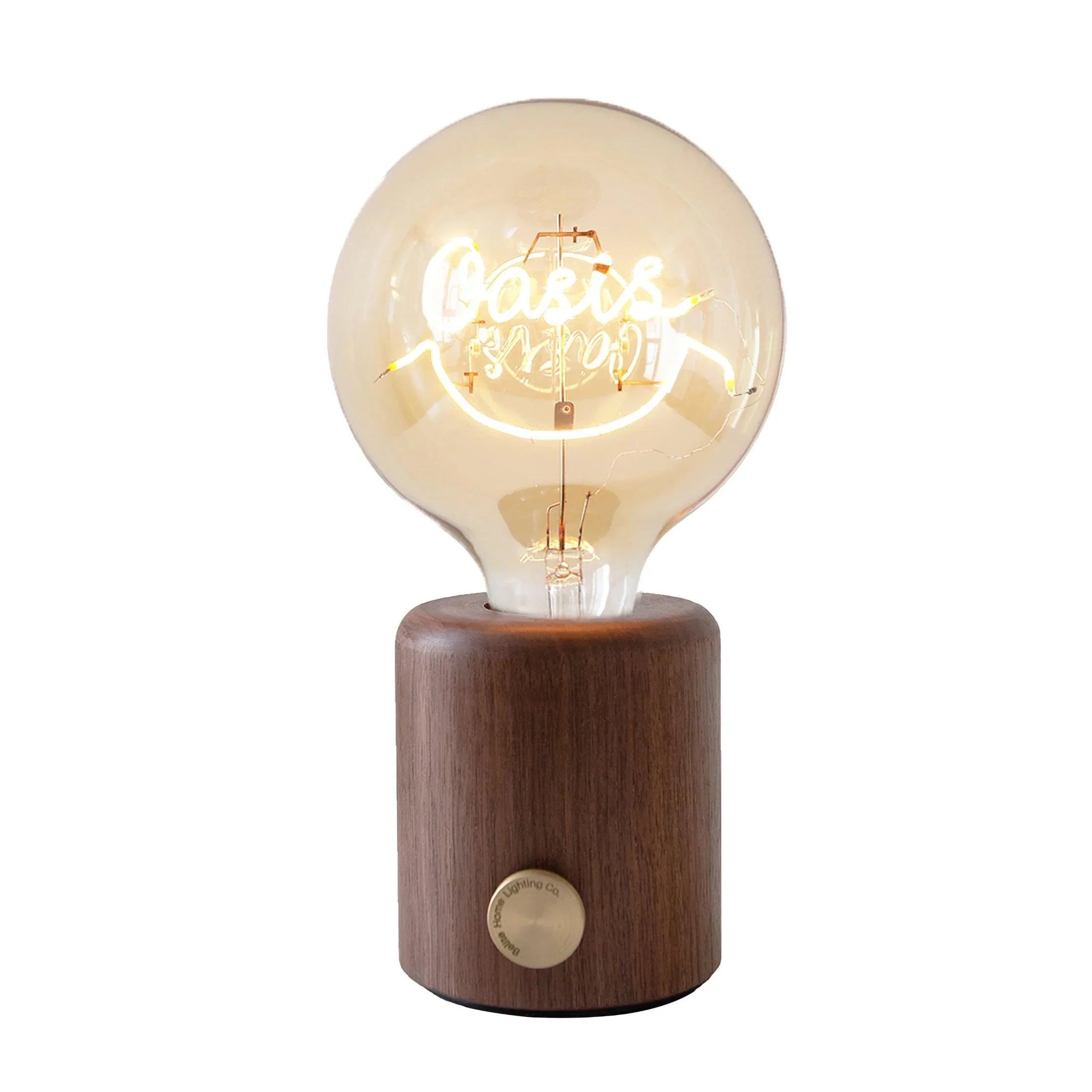Modern table lamp with walnut base, round bulb, and 'Oasis' LED filament from YH Lamps