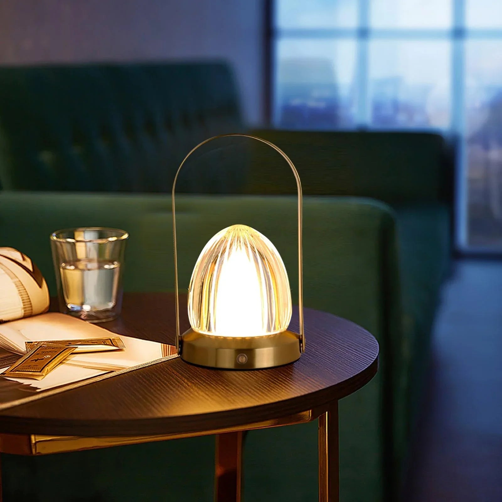 Modern black touch switch Seine table lamp with built-in battery on a round side table