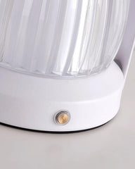 Close-up of modern YH Lamps white table lamp base with ribbed glass shade and touch switch