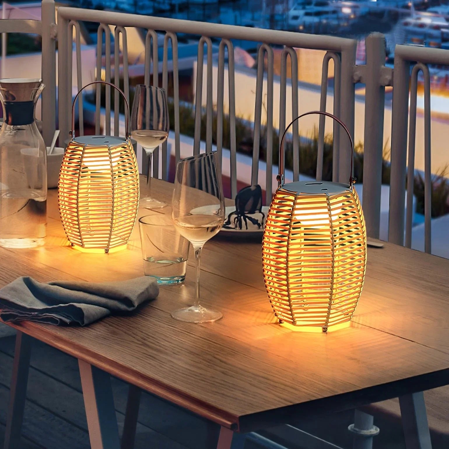 Yellow white USB lantern table lamps with built-in battery on outdoor dining table, YH Lamps