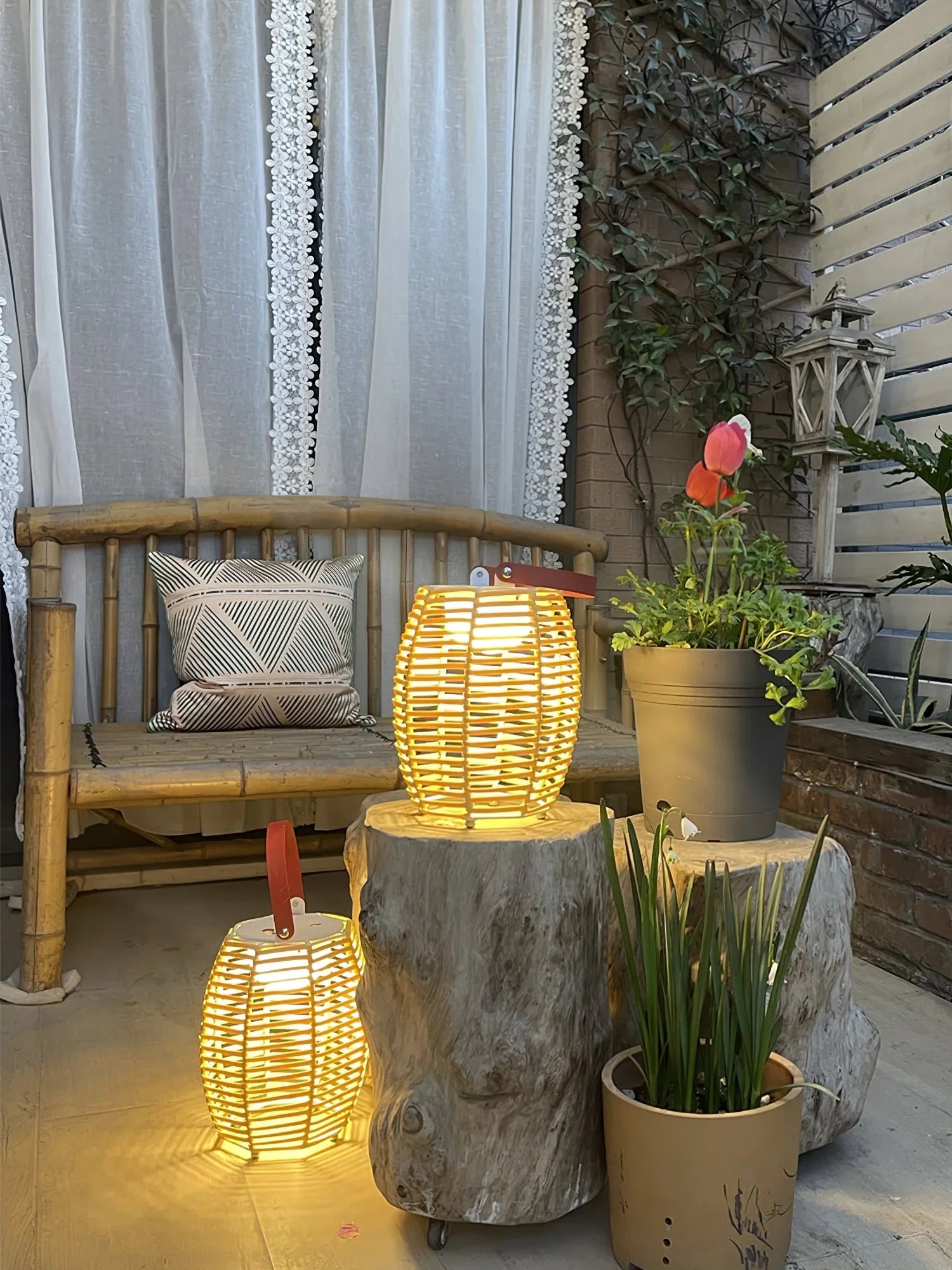 Modern yellow and white USB lantern table lamps on wooden stumps, outdoor patio decor from YH Lamps
