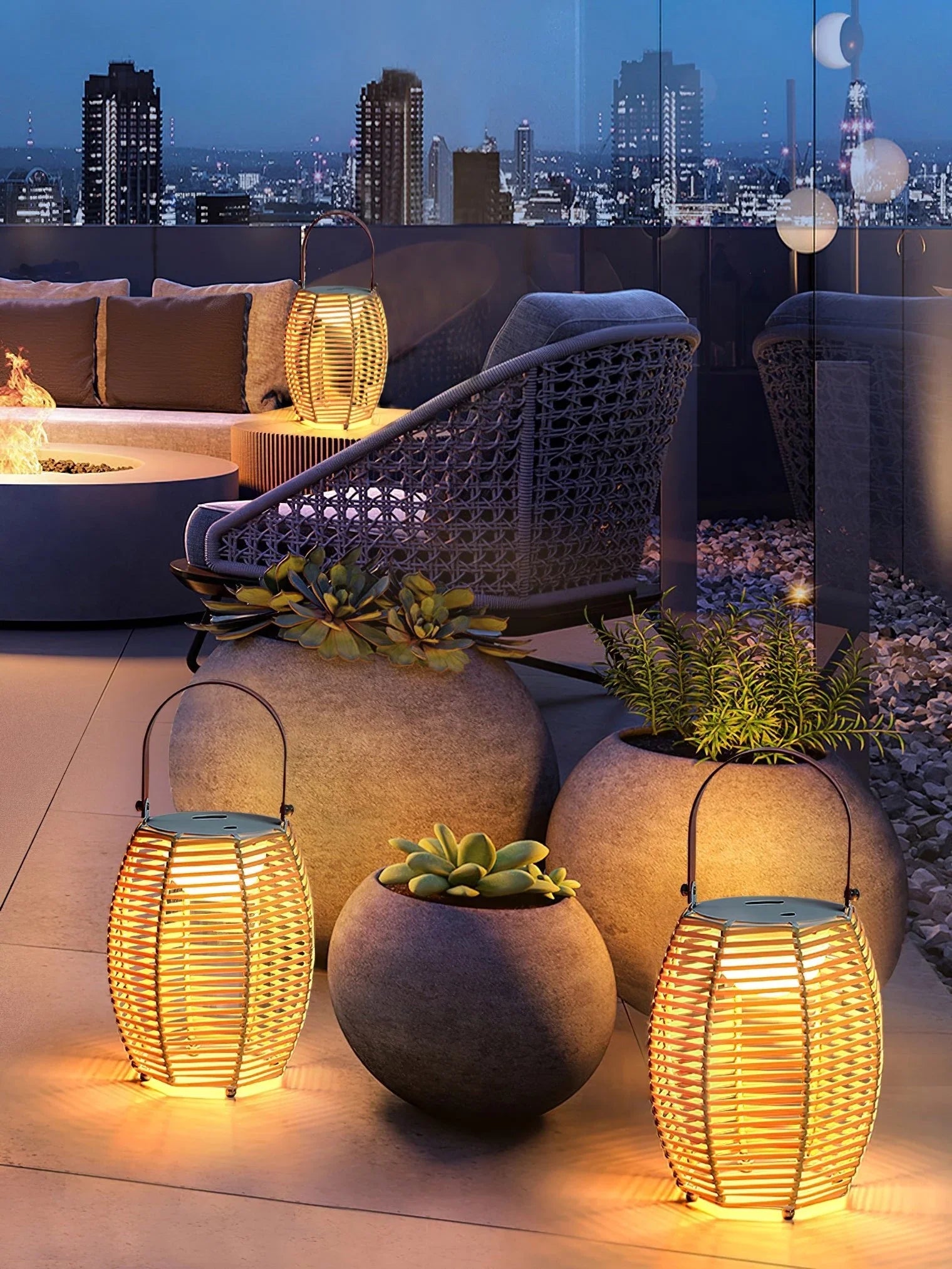 Yellow and white USB lantern table lamps on modern balcony with city skyline, YH Lamps