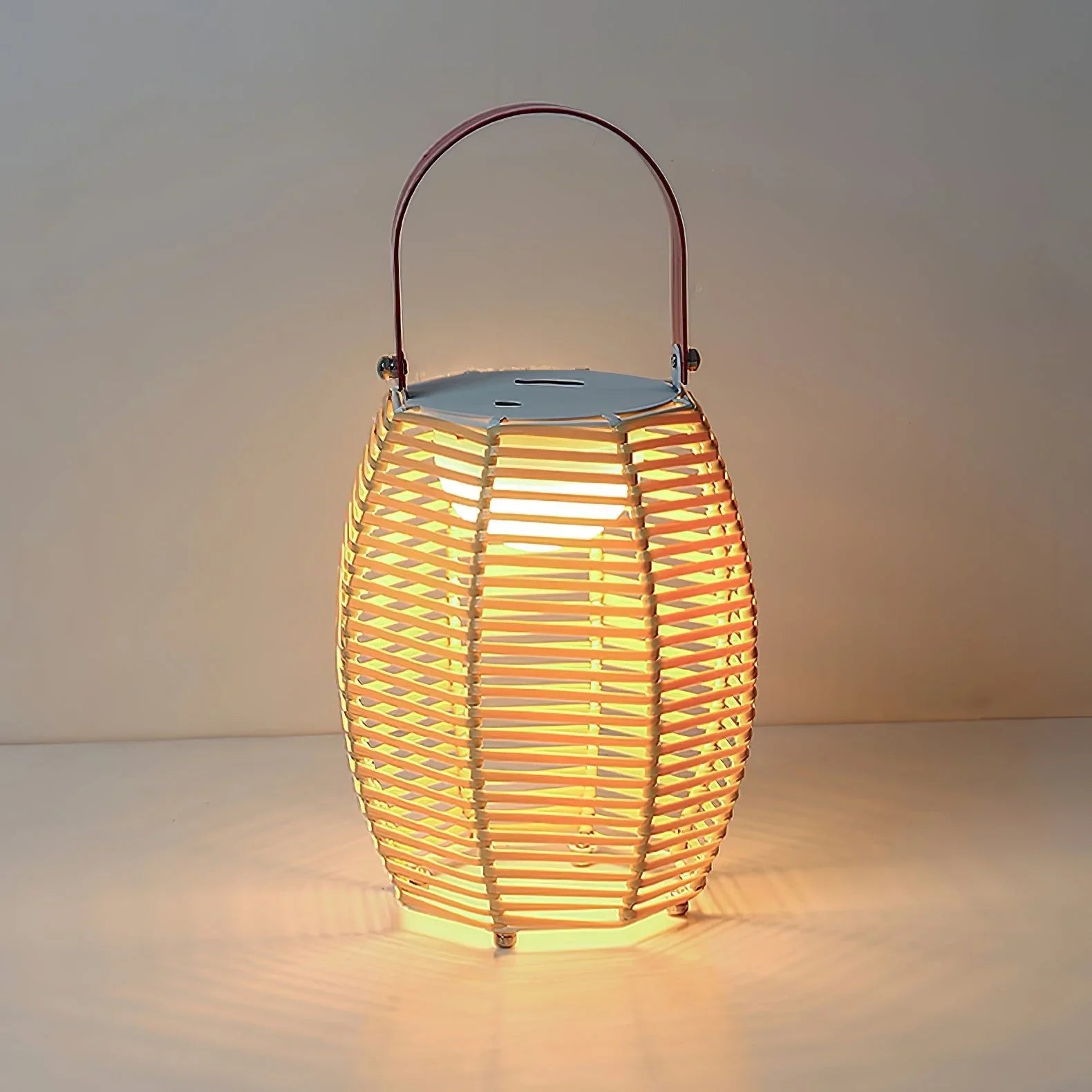 Yellow and white USB lantern table lamp with handle, modern rattan design by YH Lamps