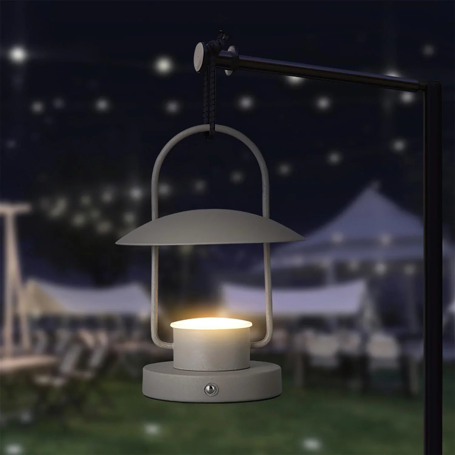Modern dark gray portable table lamp with touch switch glowing outdoors at night, YH Lamps