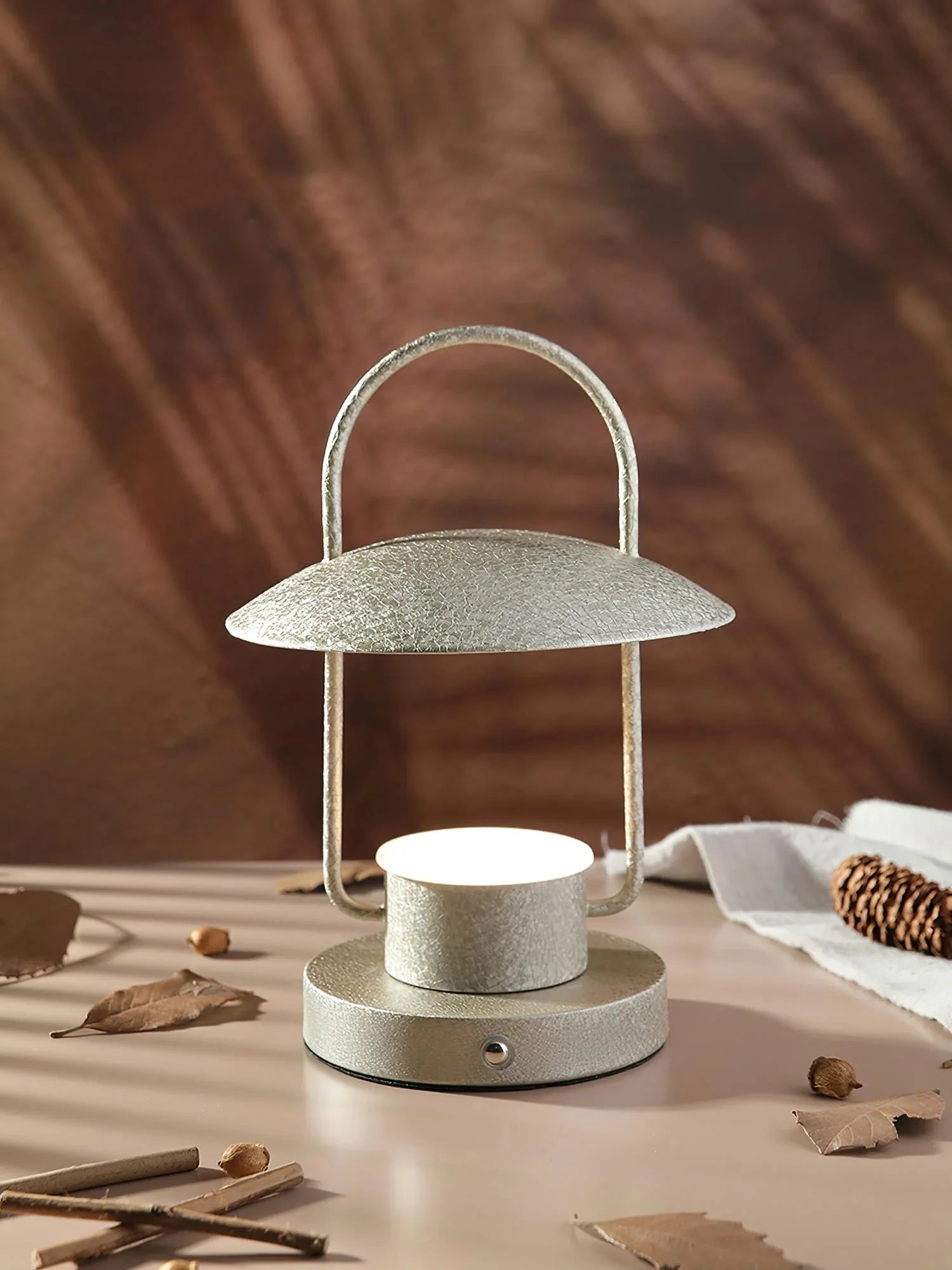 Modern dark gray portable table lamp with touch switch by YH Lamps on a beige surface
