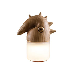 Modern wood color table lamp with sculpted spiked top and soft warm light, YH Lamps
