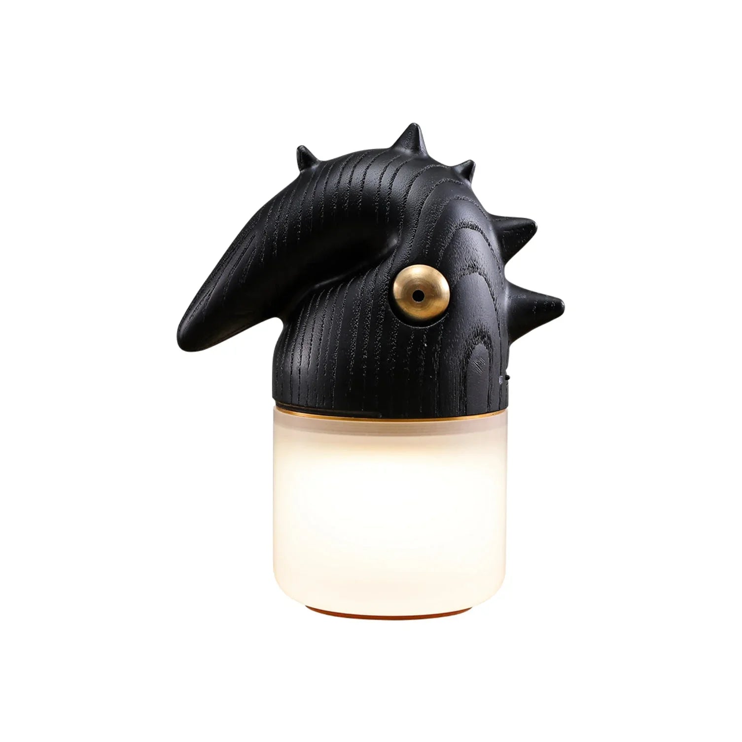 Modern whimsical table lamp with black spiked wood top and frosted glass shade, YH Lamps