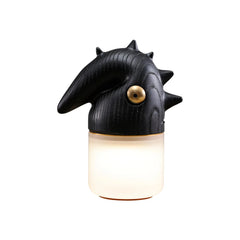 Modern whimsical table lamp with black spiked wood top and frosted glass shade, YH Lamps