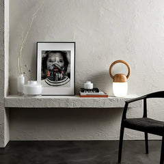 Modern wood handle table lamp with warm light on minimalist shelf, YH Lamps home lighting