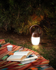 Modern wooden table lamp with warm light on grass next to books and cup, outdoor setting by YH Lamps