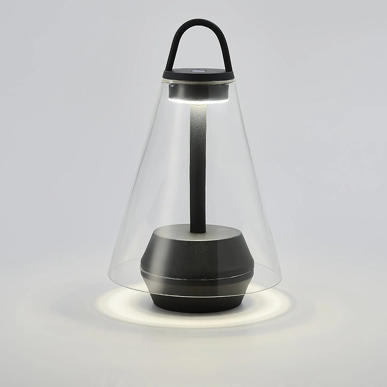 Modern black and clear table lamp with built-in battery and warm LED light by YH Lamps