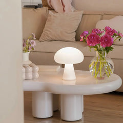 Modern white mushroom-shaped table lamp on coffee table in cozy living room, YH Lamps decor