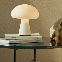 Modern white mushroom table lamp on glass table with books, YH Lamps home lighting