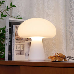 Modern white mushroom table lamp on wooden desk with books, home decor, YH Lamps