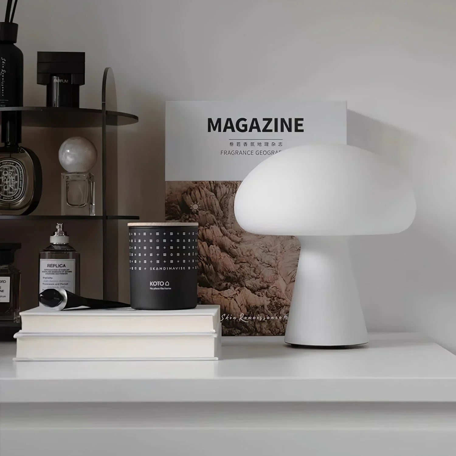 Modern white mushroom table lamp on desk with books and decor, YH Lamps home lighting