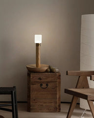 Modern wooden table lamp with frosted cube shade on rustic side table in cozy room, YH Lamps