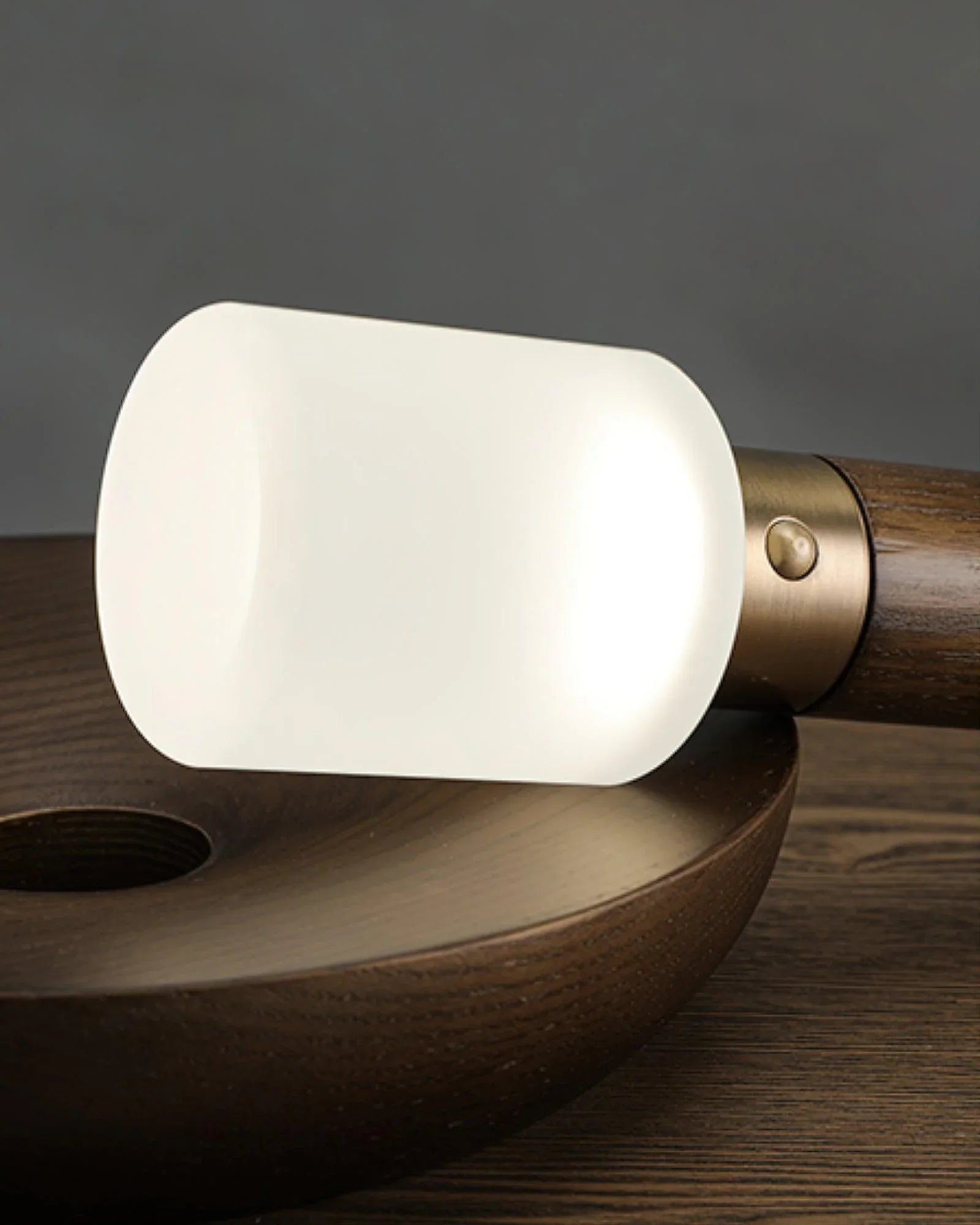 Modern wood and frosted glass table lamp with warm light from YH Lamps
