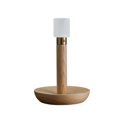Modern wood color table lamp with round base and frosted glass shade from YH Lamps