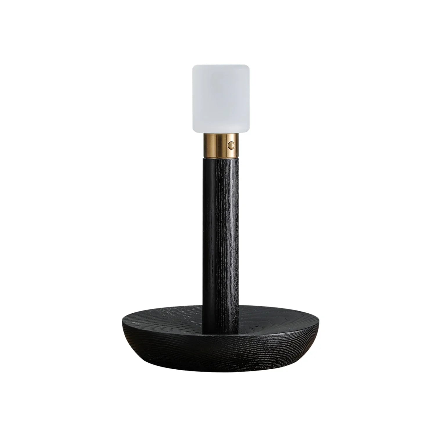 Modern wood color table lamp with cylindrical black base and frosted glass shade, YH Lamps