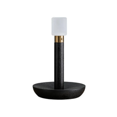 Modern wood color table lamp with cylindrical black base and frosted glass shade, YH Lamps