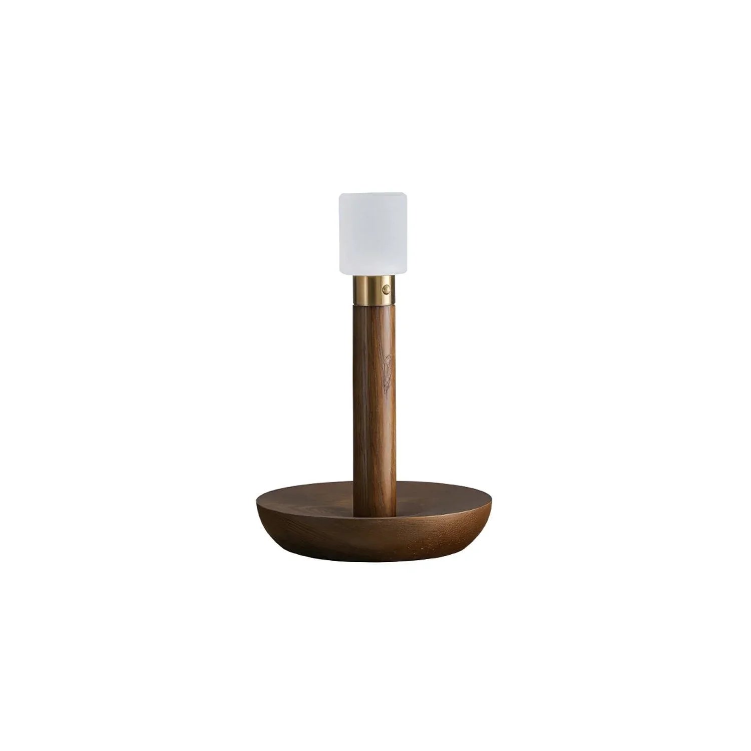 Modern wood table lamp with cylindrical base and frosted glass shade by YH Lamps
