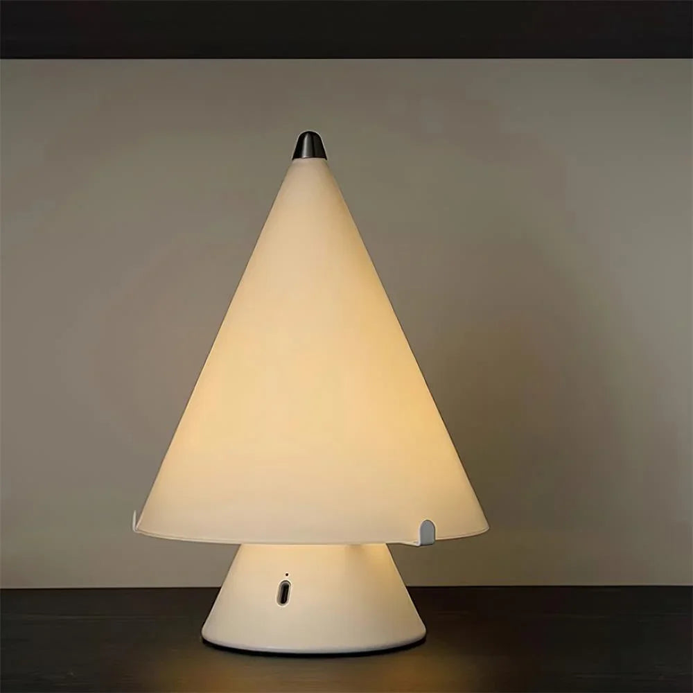 Modern white table lamp with cone shade and touch switch on dark surface, YH Lamps