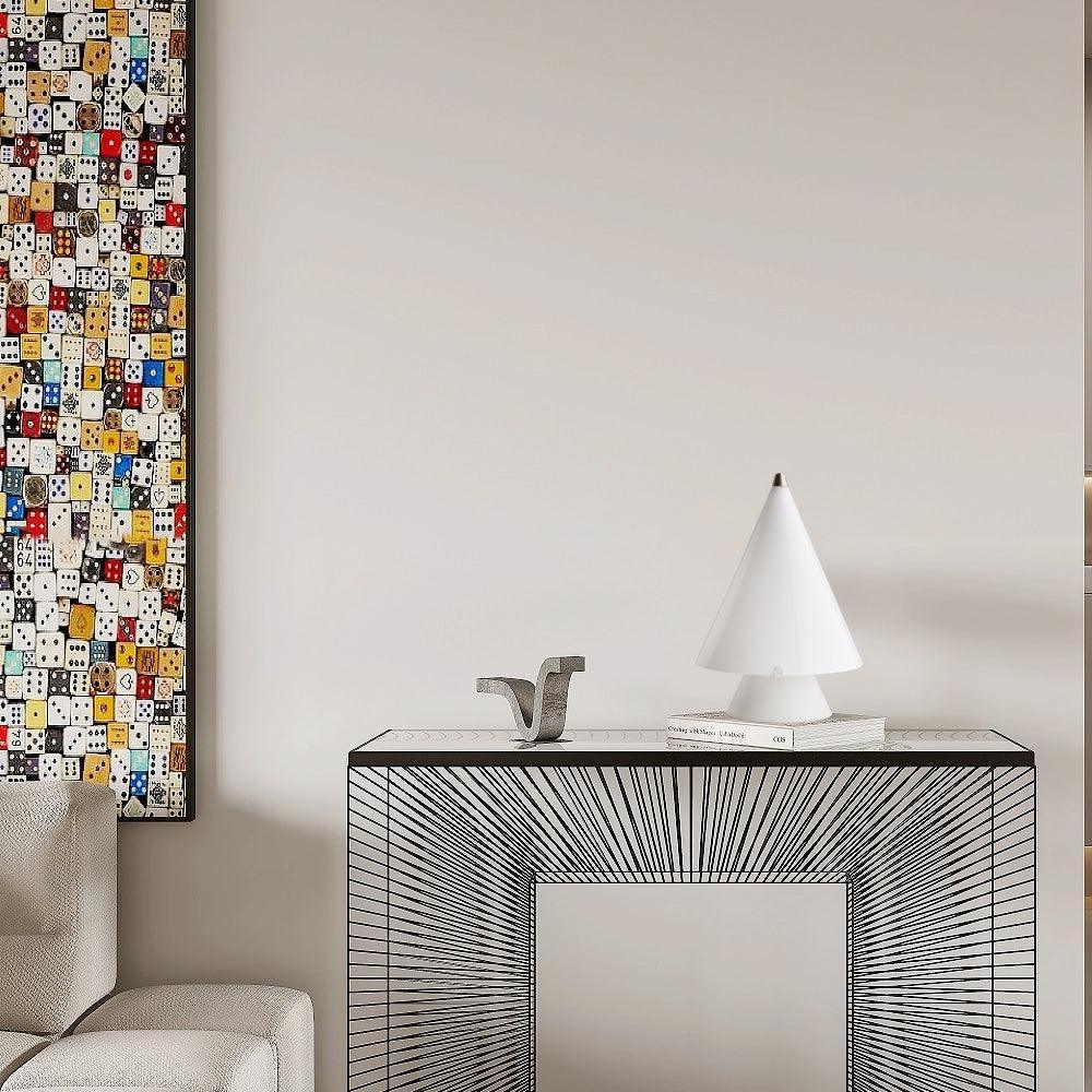 Modern white cone table lamp with touch switch on a geometric console table in a stylish living room, YH Lamps