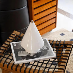 Modern white cone table lamp with touch switch on wood stool, YH Lamps decor