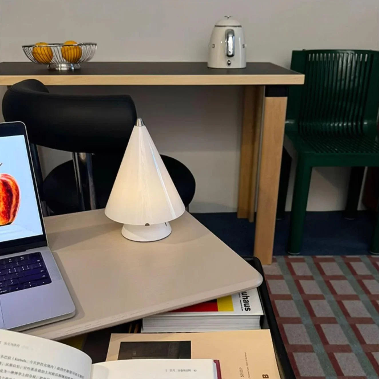 Modern white cone table lamp with touch switch on desk, YH Lamps, books and laptop nearby