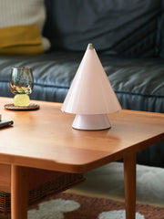 Modern white table lamp with conical shade on wood coffee table, YH Lamps living room decor