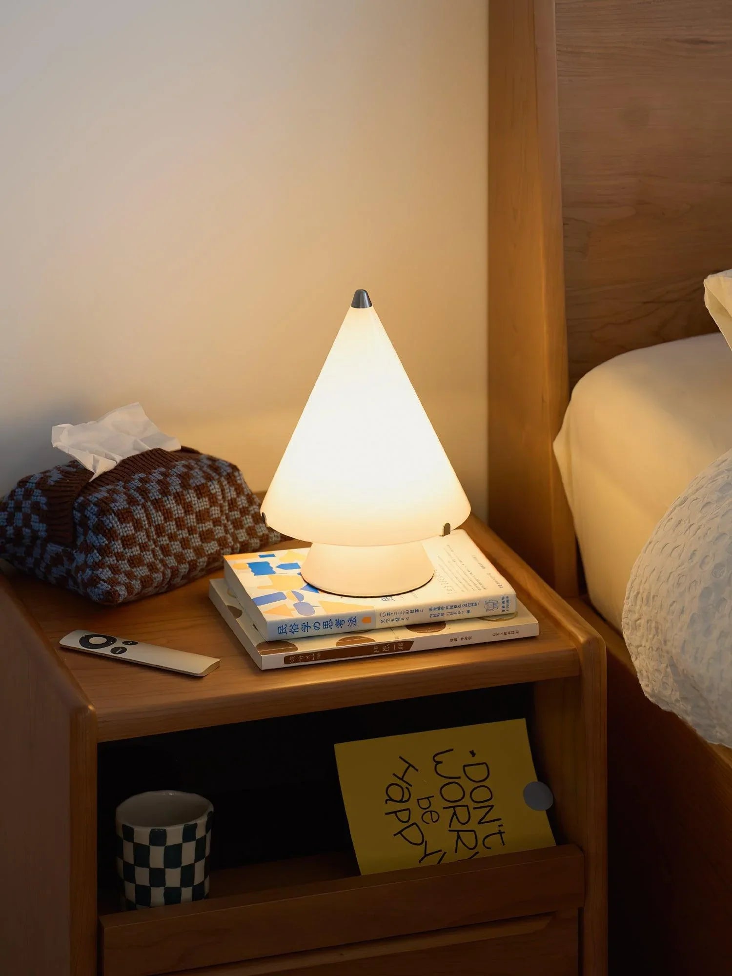 Modern white cone-shaped table lamp with touch switch on wood nightstand, YH Lamps home lighting