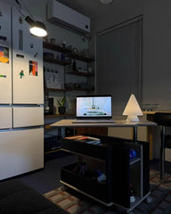 Modern white touch switch table lamp on desk in cozy home office, YH Lamps lighting