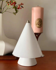 Modern white cone table lamp with touch switch on wooden surface, YH Lamps home lighting