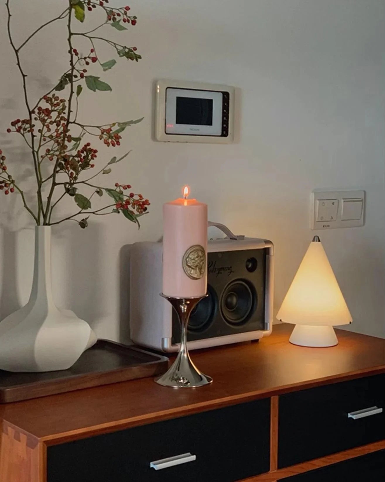 Modern white touch switch table lamp, candle, and vase on wood sideboard, YH Lamps decor