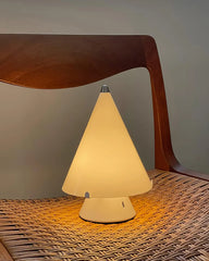 Modern white cone table lamp with touch switch on woven chair, soft warm lighting, YH Lamps