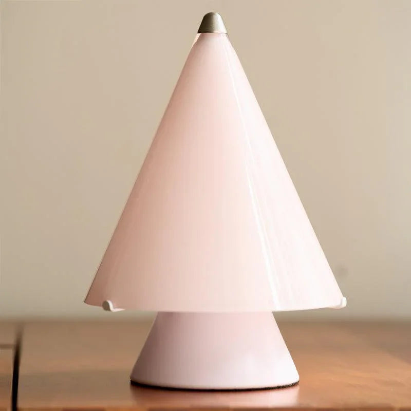 Modern white cone table lamp with touch switch on wood surface, YH Lamps elegant lighting