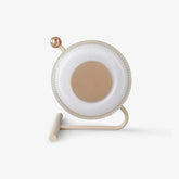 Modern beige and gold table lamp with round glass shade, minimalist design from YH Lamps