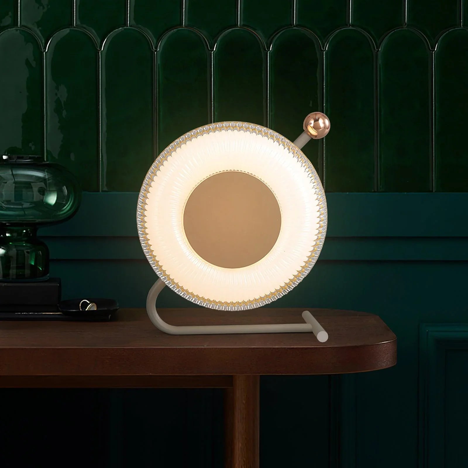 Modern circular table lamp with built-in battery and touch switch on wooden table, YH Lamps