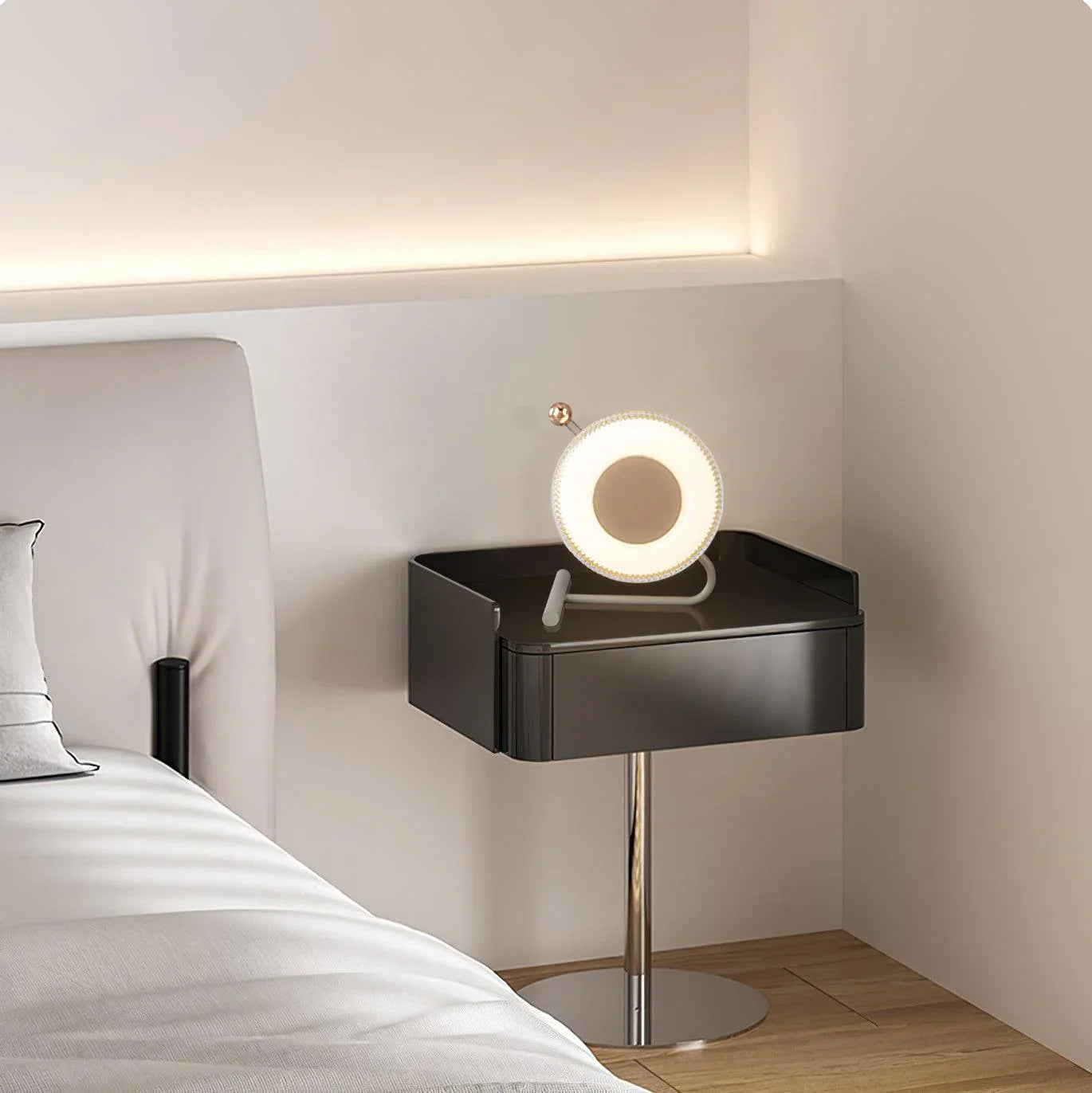Modern circular table lamp with touch switch on black nightstand in minimalist bedroom at YH Lamps
